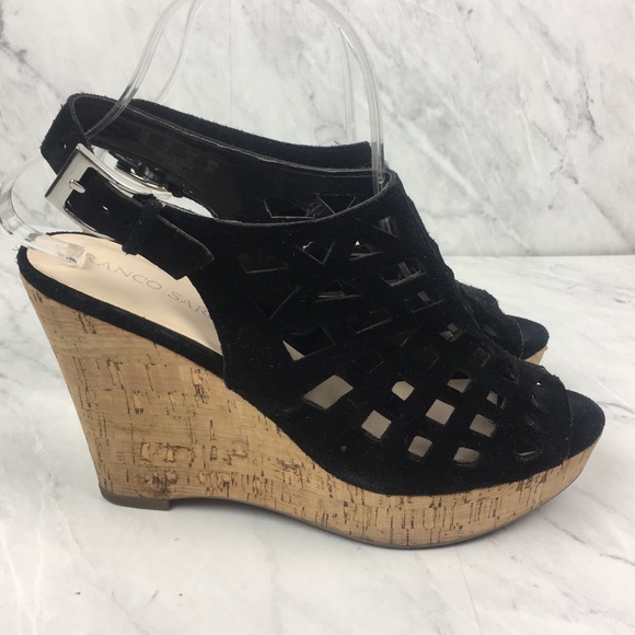 Franco Sarto Shoes - Franco Sarto Sassy Black Suede Cork Wedge Sandals